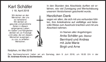 Traueranzeige von Karl Schäfer von Siegener Zeitung