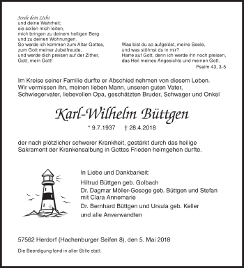 Traueranzeige von Karl-Wilhelm Büttgen von Siegener Zeitung