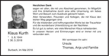 Traueranzeige von Klaus Kurth von Siegener Zeitung