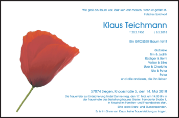 Traueranzeige von Klaus Teichmann von Siegener Zeitung