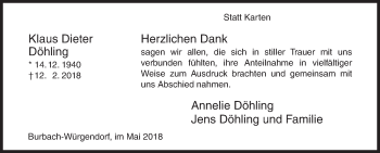Traueranzeige von Klaus Dieter Döhling von Siegener Zeitung