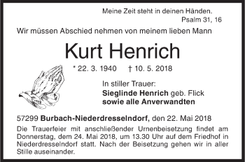 Traueranzeige von Kurt Henrich von Siegener Zeitung