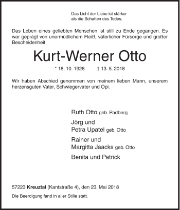 Traueranzeige von Kurt-Werner Otto von Siegener Zeitung