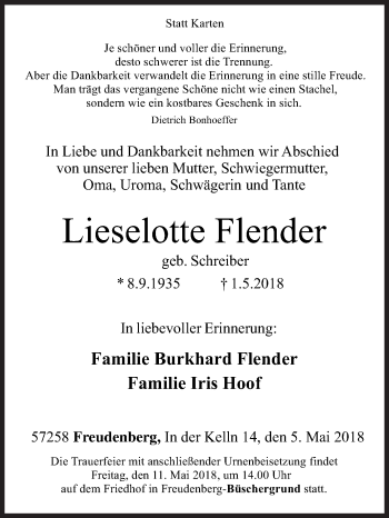 Traueranzeige von Lieselotte Flender von Siegener Zeitung