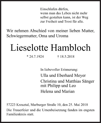 Traueranzeige von Lieselotte Hambloch von Siegener Zeitung