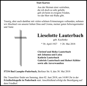 Traueranzeige von Lieselotte Lauterbach von Siegener Zeitung