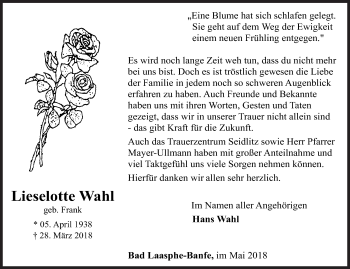 Traueranzeige von Lieselotte Wahl von Siegener Zeitung