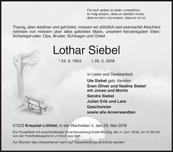 Traueranzeige von Lothar Siebel von Siegener Zeitung