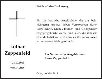 Traueranzeige von Lothar Zeppenfeld von Siegener Zeitung