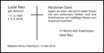 Traueranzeige von Lucie Neu von Siegener Zeitung