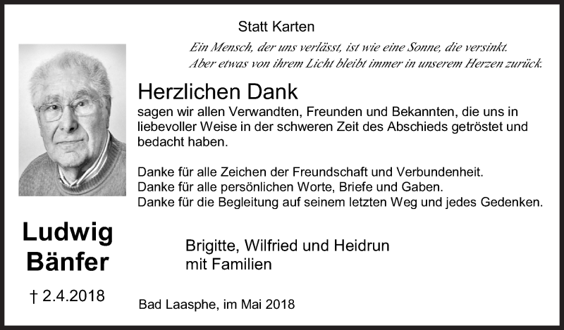  Traueranzeige für Ludwig Bänfer vom 19.05.2018 aus Siegener Zeitung
