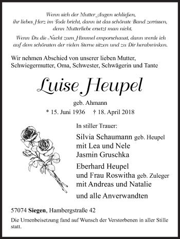 Traueranzeige von Luise Heupel von Siegener Zeitung