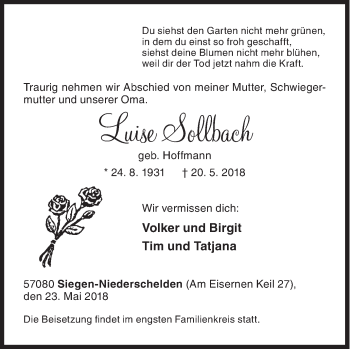 Traueranzeige von Luise Sollbach von Siegener Zeitung