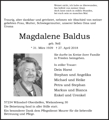 Traueranzeige von Magdalene Baldus von Siegener Zeitung