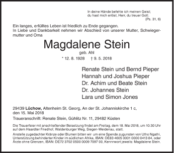 Traueranzeige von Magdalene Stein von Siegener Zeitung