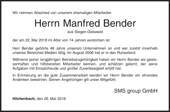Traueranzeige von Manfred Bender von Siegener Zeitung