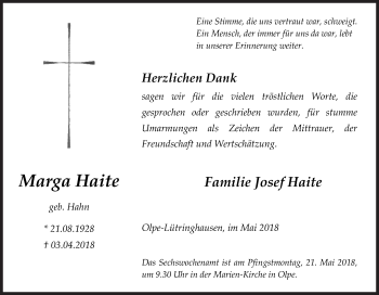 Traueranzeige von Marga Haite von Siegener Zeitung