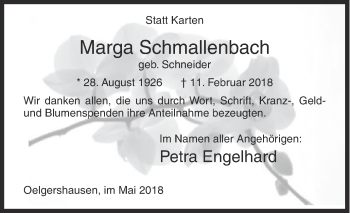 Traueranzeige von Marga Schmallenbach von Siegener Zeitung