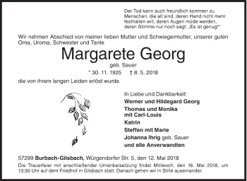 Traueranzeige von Margarete Georg von Siegener Zeitung