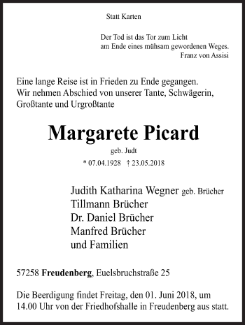 Traueranzeige von Margarete Picard von Siegener Zeitung