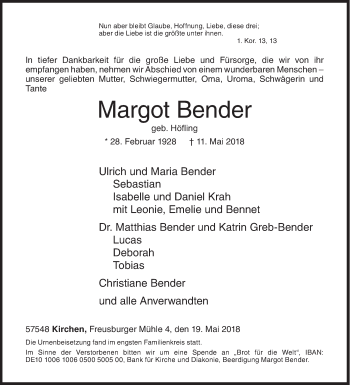 Traueranzeige von Margot Bender von Siegener Zeitung