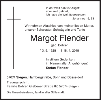 Traueranzeige von Margot Flender von Siegener Zeitung