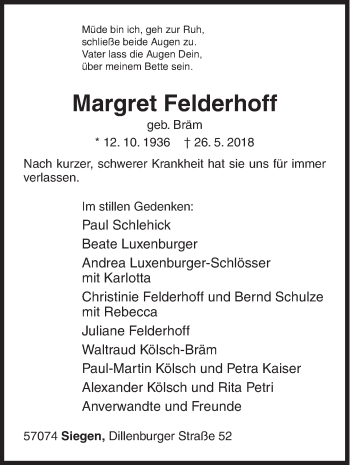 Traueranzeige von Margret Felderhoff von Siegener Zeitung