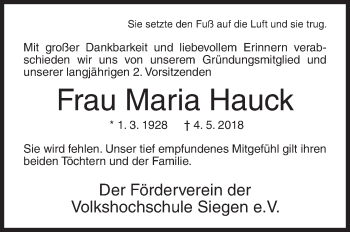 Traueranzeige von Maria Hauck von Siegener Zeitung