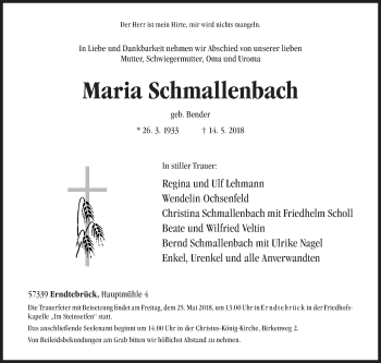 Traueranzeige von Maria Schmallenbach von Siegener Zeitung