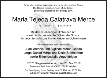 Traueranzeige von Maria Tejeda Calatrava Merce von Siegener Zeitung
