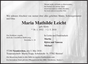 Traueranzeige von Maria Mathilde Leicht von Siegener Zeitung