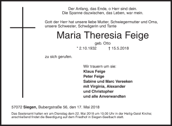 Traueranzeige von Maria Theresia Feige von Siegener Zeitung