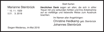 Traueranzeige von Marianne Steinbrück von Siegener Zeitung
