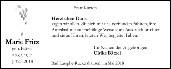 Traueranzeige von Marie Fritz von Siegener Zeitung
