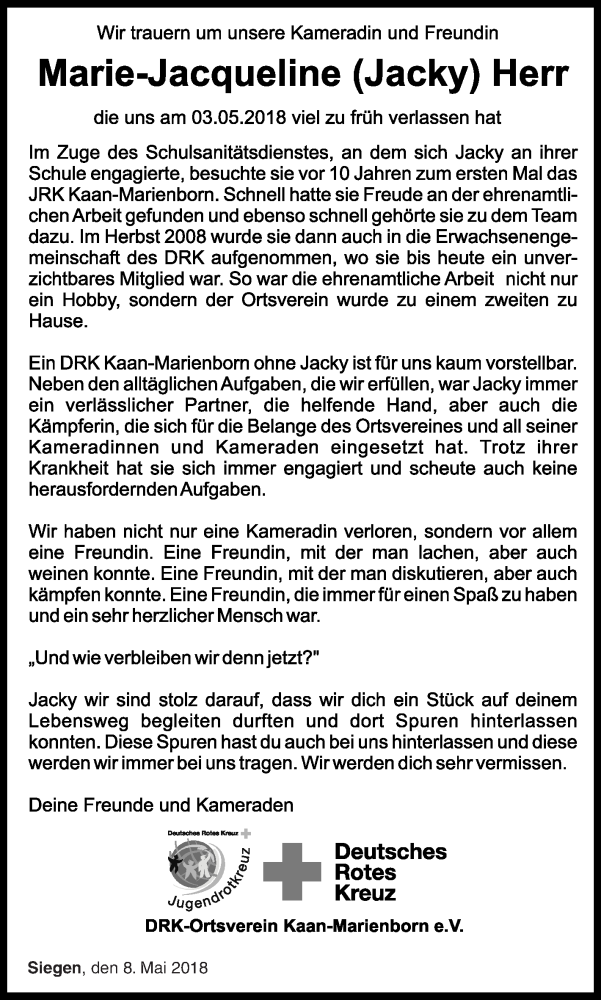  Traueranzeige für Marie-Jacqueline Herr vom 08.05.2018 aus Siegener Zeitung