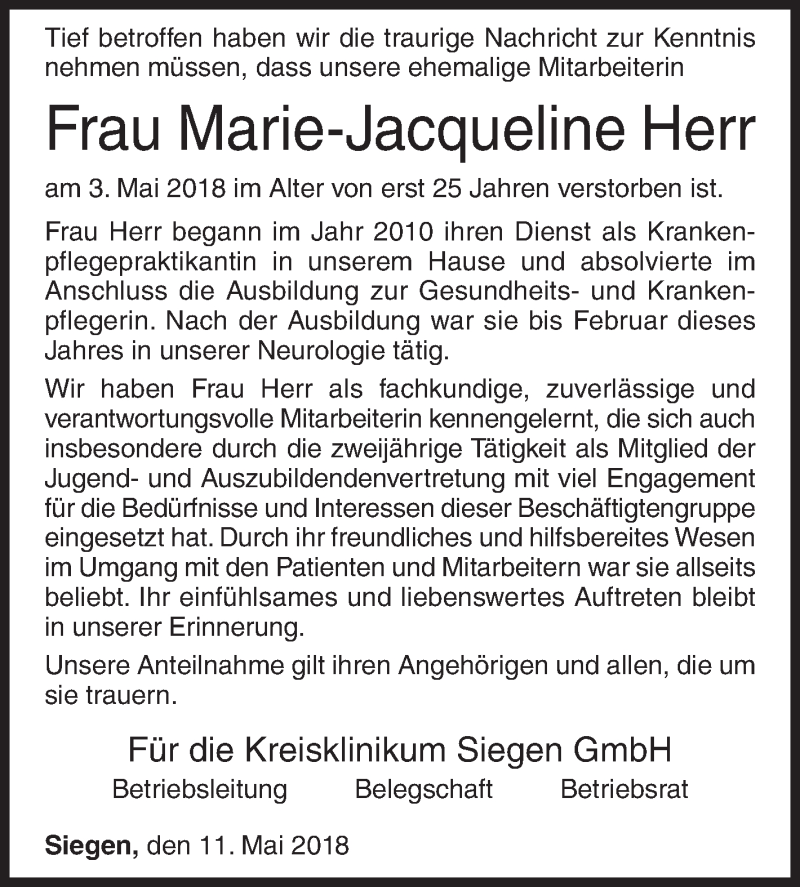  Traueranzeige für Marie-Jacqueline Herr vom 11.05.2018 aus Siegener Zeitung