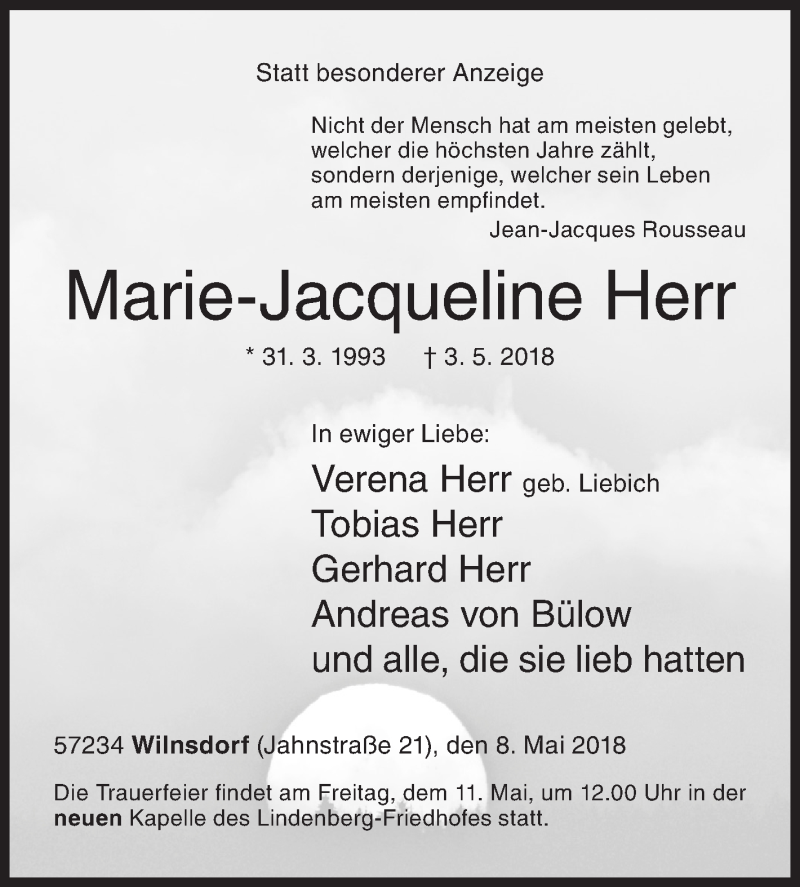  Traueranzeige für Marie-Jacqueline Herr vom 08.05.2018 aus Siegener Zeitung