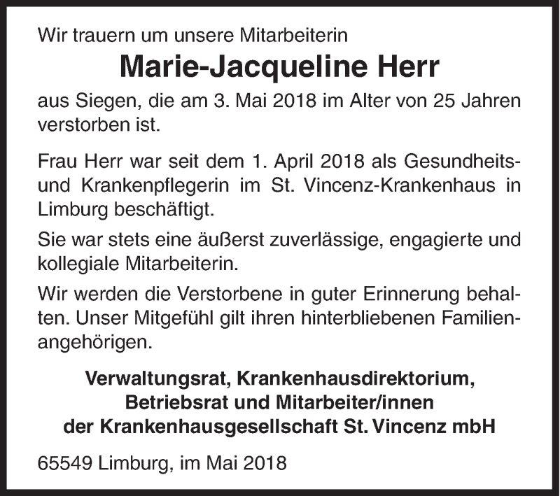  Traueranzeige für Marie-Jacqueline Herr vom 11.05.2018 aus Siegener Zeitung