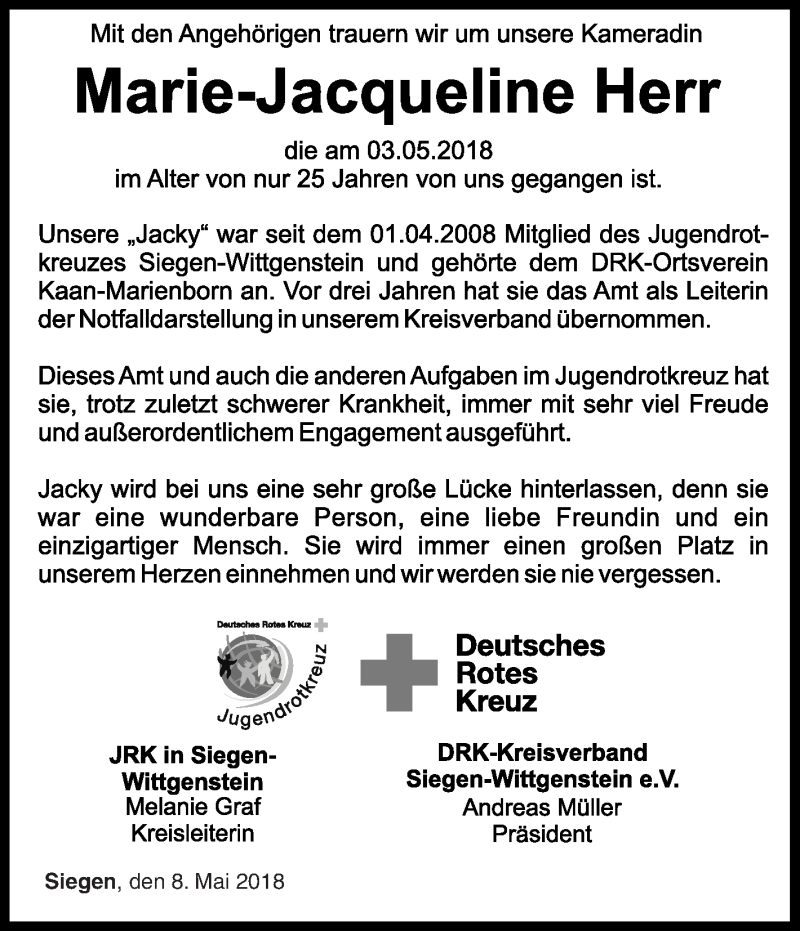  Traueranzeige für Marie-Jacqueline Herr vom 08.05.2018 aus Siegener Zeitung