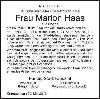 Traueranzeige von Marion Haas von Siegener Zeitung