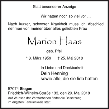 Traueranzeige von Marion Haas von Siegener Zeitung