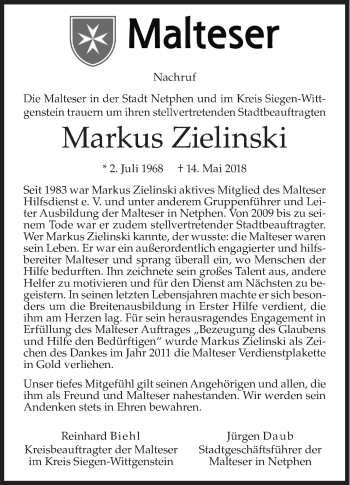 Traueranzeige von Markus Zielinski von Siegener Zeitung
