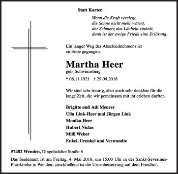 Traueranzeige von Martha Heer von Siegener Zeitung