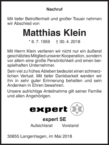 Traueranzeige von Matthias Klein von Siegener Zeitung