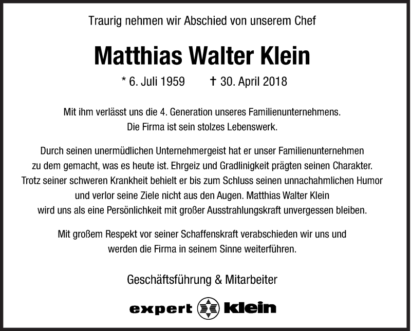  Traueranzeige für Matthias Walter Klein vom 02.05.2018 aus Siegener Zeitung