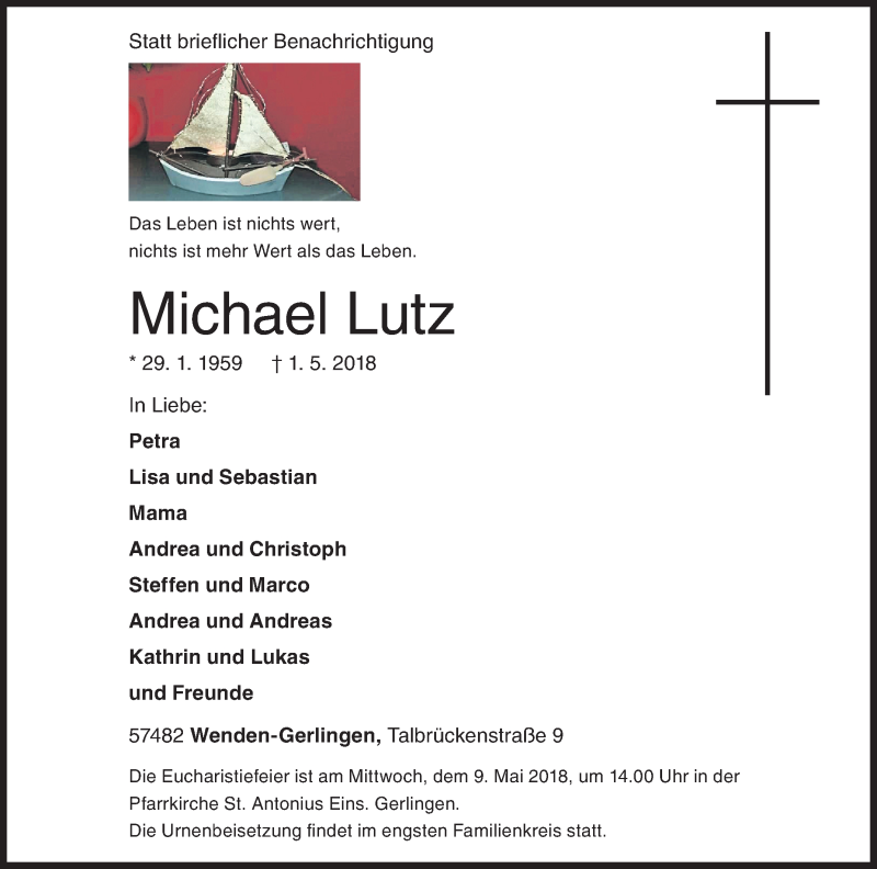  Traueranzeige für Michael Lutz vom 04.05.2018 aus Siegener Zeitung