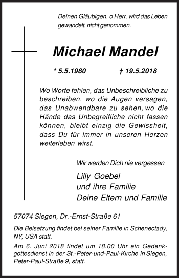 Traueranzeige von Michael Mandel von Siegener Zeitung