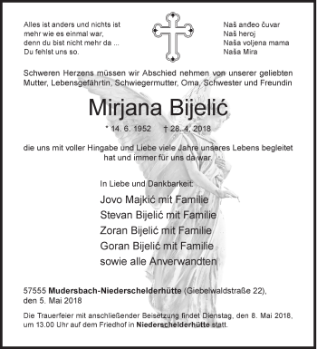 Traueranzeige von Mirjana Bijelic von Siegener Zeitung