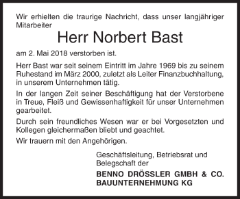 Traueranzeige von Norbert Bast von Siegener Zeitung