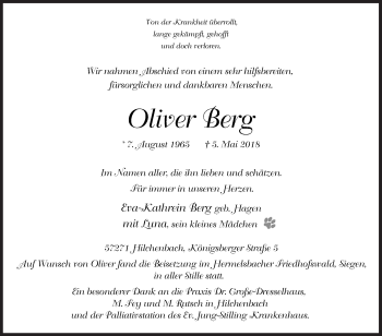 Traueranzeige von Oliver Berg von Siegener Zeitung
